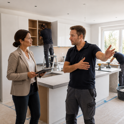 Frau bespricht mit Handwerker K&uuml;chenrenovation